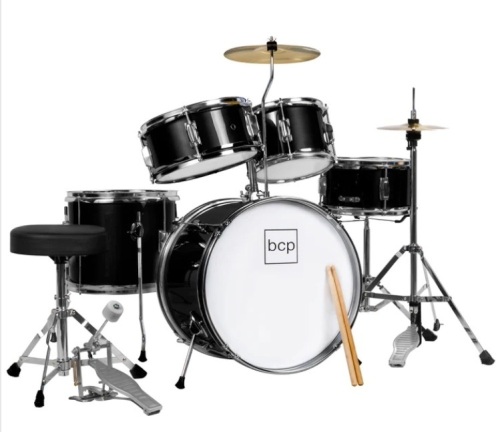 Kids Beginner All Wood Acoustic Drum Kit Starter Set w/ Stool, Drumsticks - Lot 335