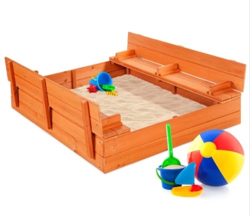 Kids Cedar Sandbox w/ Sand Screen, 2 Benches - 47x47in - Lot 402