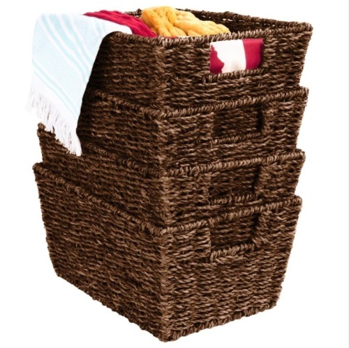 Set of 4 Seagrass Storage Tote Baskets, Laundry Organizer w/ Insert Handles - Lot 380