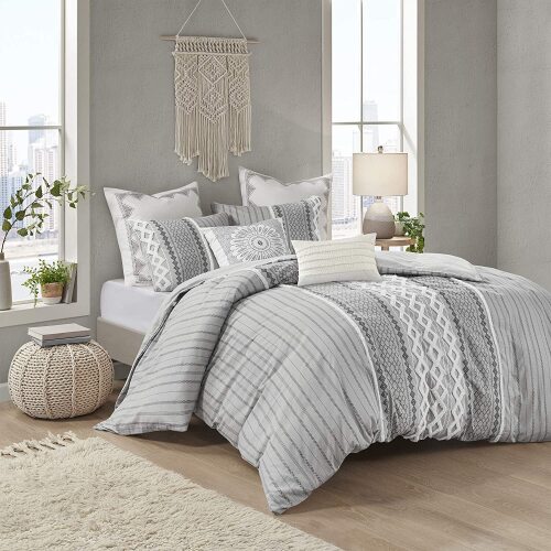 INK+IVY Imani 100% Cotton Comforter Mid Century Modern Design Chenille Tufted All Season Bedding Set, Matching Shams, King/Cal King, Geometric Prints Gray 3 Piece - Lot 2402