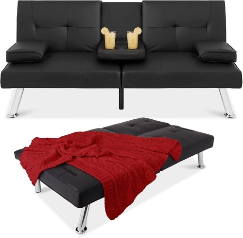 Best Choice Products Faux Leather Upholstered Modern Convertible Folding Futon Sofa Bed for Compact Living Space, Apartment, Dorm, Bonus Room w/Removable Armrests, Metal Legs, 2 Cupholders - Black - Lot 2480