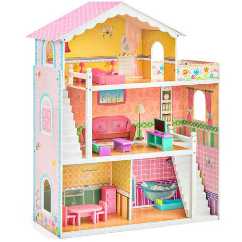 3-Story Wood Dollhouse, Large Open Mansion w/ 5 Rooms, 17 Accessories - 44in - Lot 2641