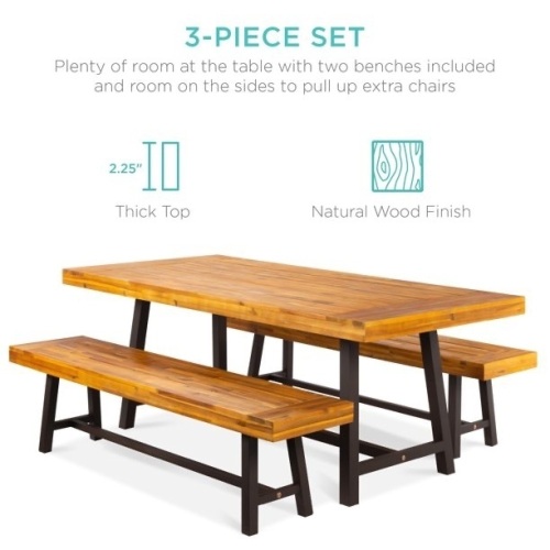 Best Choice Products 3-Piece Indoor Outdoor Acacia Wood Picnic Dining Table Furniture, Seats Up to 6 - Lot 2543