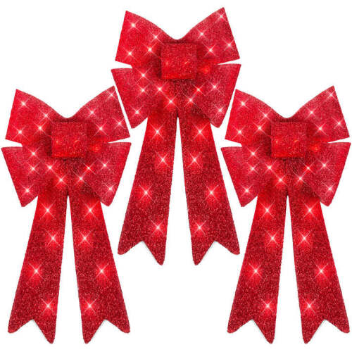 Set of 3 Pre-Lit Christmas Bow Decoration, LED Holiday Decor w/ 8 Functions - Lot 2724