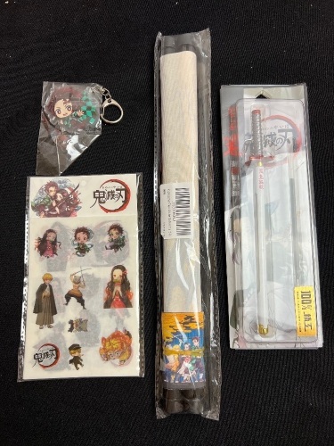 Demonslayer Anime Bundle - Keychain, Stickers, Pen, Fabric Scroll Poster - Lot 215