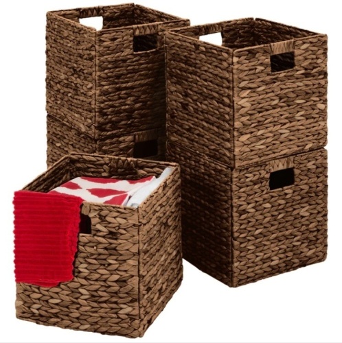Set of 5 Collapsible Hyacinth Storage Baskets w/ Inserts - 12x12in - Lot 281