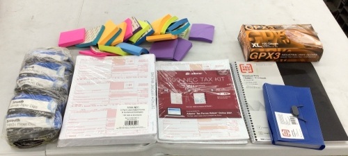 Box of Assorted Office Supplies Including Post It Notes, Paper Clips, Gloves - Lot 353