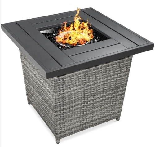 28in Fire Pit Table 50,000 BTU Wicker Propane w/ Faux Wood Tabletop, Cover - Lot 188