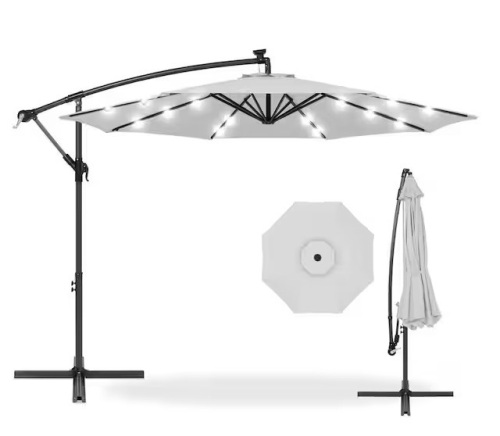 Solar LED Offset Hanging Patio Umbrella w/ Crank Tilt Adjustment - 10ft - Lot 293