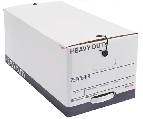 Staples Heavy Duty File Box, String and Button Lid, Letter, 4/Pack - Lot 172