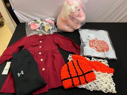 Misc Baby Bundle-2T Dress, 6-12mo Pumpkin Outfit, 18mo Under Armour Sweatpants, Plush Elephant, Basketball Costume, Cow Headband & Tail - Lot 305