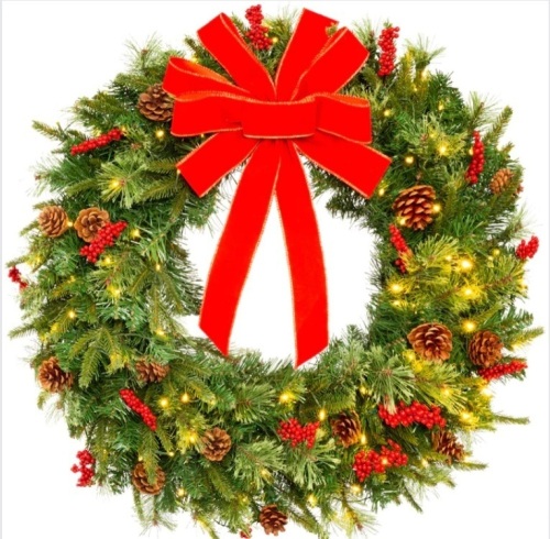 30" Pre-Lit Battery Powered Christmas Wreath w/ Lights, PVC Tips, Ribbon - Lot 320