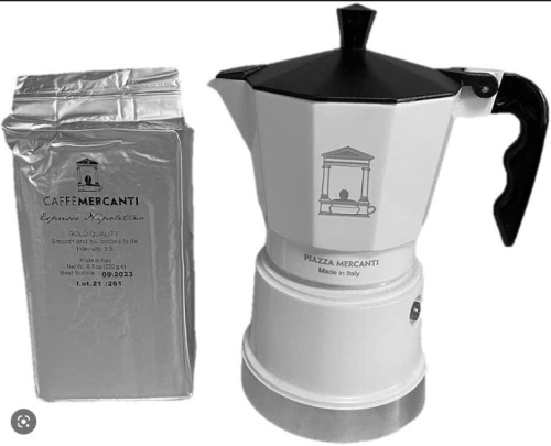 Piazza Mercanti Moka Espresso Pot, 6 Cups w/ Coffee - Lot 368