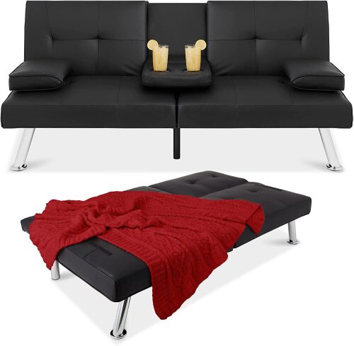 Faux Leather Upholstered Modern Convertible Folding Futon - Lot 3027