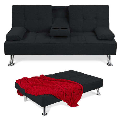 Linen Upholstered Convertible Sofa Bed Futon w/ 2 Cupholders - Lot 3028