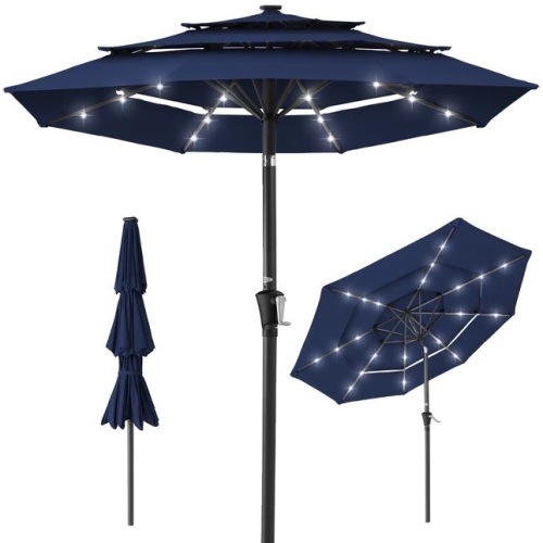 3-Tier Solar Patio Umbrella w/ LED Lights, Tilt Adjustment, Crank - 10ft - Lot 3068