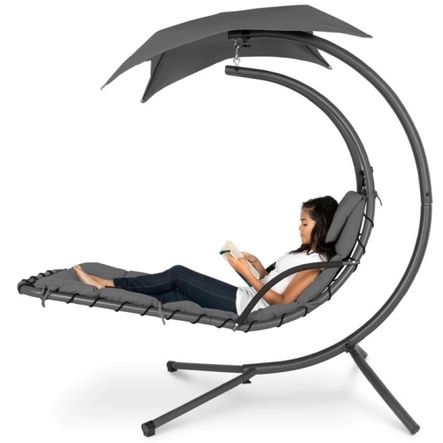Hanging Curved Chaise Lounge Chair w/ Built-In Pillow, Removable Canopy - Lot 3092