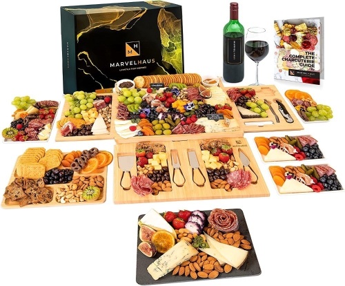 Marvelhaus Large Cheese Board Set with 21 Accessories - Swivel Design Bamboo Charcuterie Board and Cheese Platter - Kitchen Gadgets, Apartment Essentials, Cheese Boards Charcuterie Boards - Lot 3119