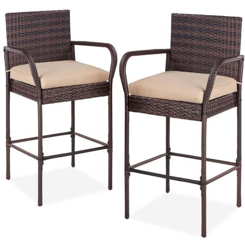 Set of 2 Indoor Outdoor Wicker Bar Stools w/ Cushion, Footrests, Armrests - Lot 3223