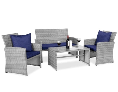 4-Piece Outdoor Wicker Conversation Patio Set w/ 4 Seats, Glass Table Top - Lot 27