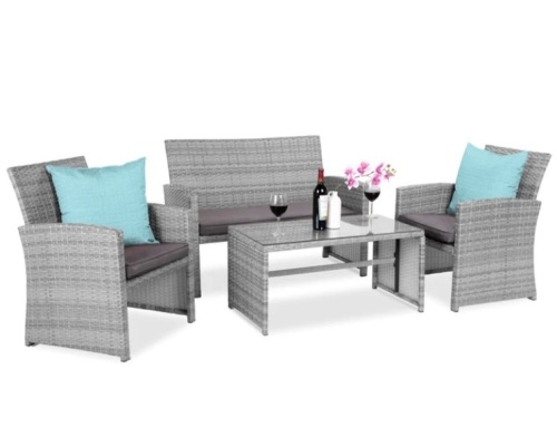 4-Piece Outdoor Wicker Conversation Patio Set w/ 4 Seats, Glass Table Top - Lot 28