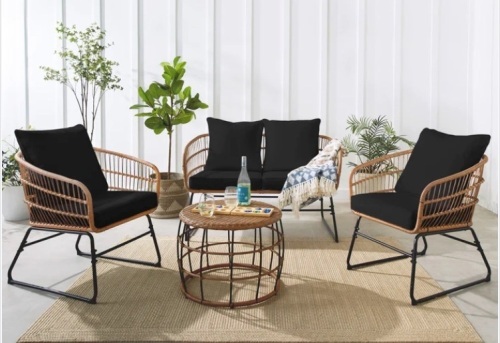 4-Piece Rope Wicker Outdoor Conversation Set w/ Cushions, Table - Lot 30