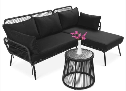 Rope Woven Sectional, L-Shape Sofa Set w/ Detachable Lounger, Table - Lot 31