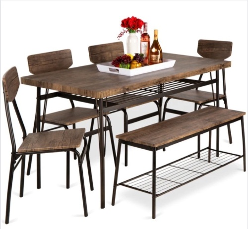 6-Piece Modern Dining Set w/ Storage Racks, Table, Bench, 4 Chairs - 55in - Lot 23