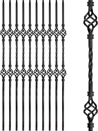 Wrought Iron Stair Balusters, Hollow Double Basket Metal Spindles - 44" X 1/2" - Box of 10 (Satin Black) - Lot 150