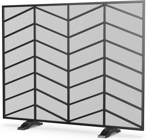 Fire Beauty Single Panel Handcrafted Wrought Iron Mesh Chevron Fireplace Screen, L 35" X W 9" X H 28.5" - Lot 236