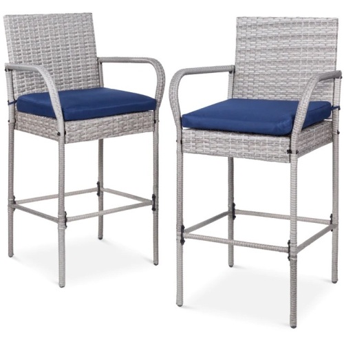 Set of 2 Indoor Outdoor Wicker Bar Stools w/ Cushion, Footrests, Armrests - Lot 3405