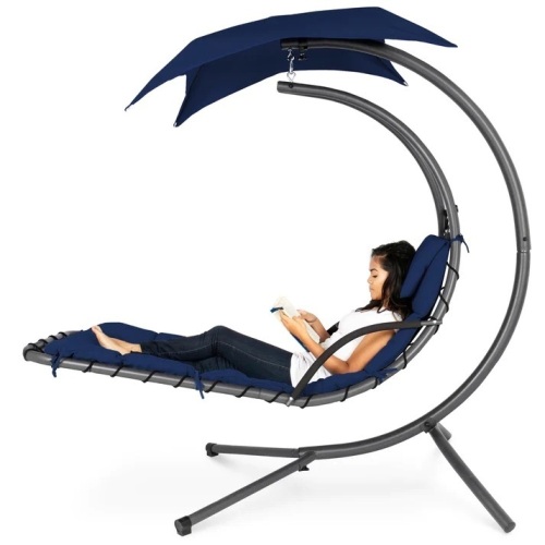 Hanging Curved Chaise Lounge Chair w/ Built-In Pillow, Removable Canopy - Lot 3644