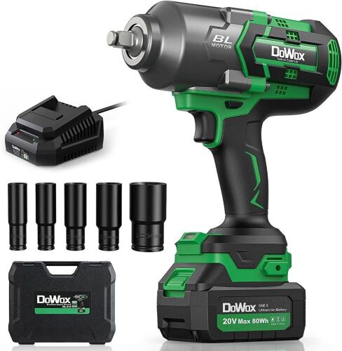 DOWOX Power Electric Cordless Impact Wrench 1/2 Inch, High Torque 885 FT-LBS, Brushless, 20V MAX 4.0 Ah Li-ion Battery, 5pcs Sockets, With Storage Tool Box, RB-818  - Lot 509