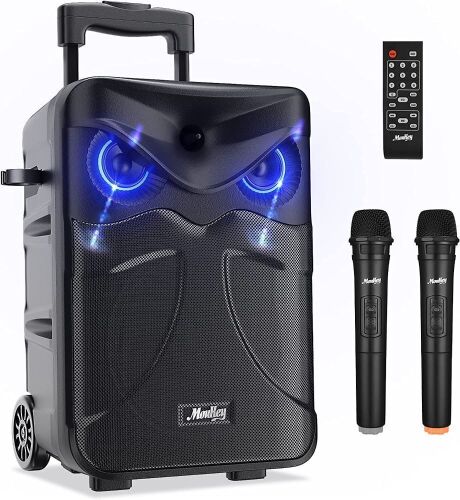 Moukey Portable Bluetooth Speaker, Big Woofer PA System Karaoke Machine w/ 2 Wireless Microphones and Echo/Treble/Bass Adjustment - Lot 511