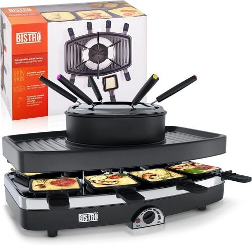 BISTRÖ 1.3L Fondue Pot Electric Set with Raclette, Grill Plate, 6 Fondue Forks, 8 Small Nonstick Pans  - Lot 528