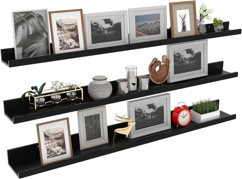 47" Black Woodgrain Floating Ledge Shelves, Set of 3 Different Width Sizes - Lot 510