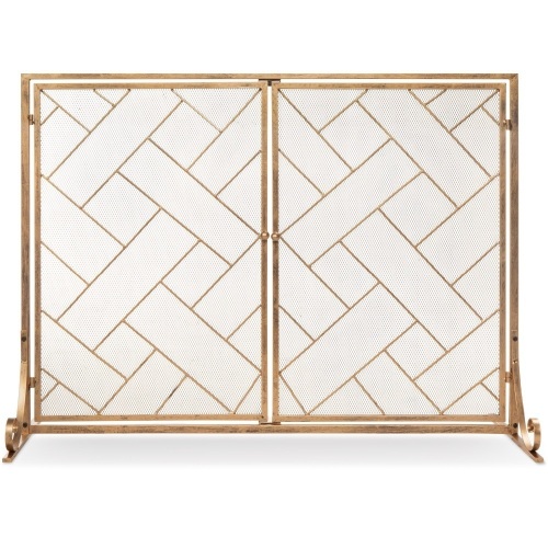 2-Panel Wrought Iron Geometric Fireplace Screen w/ Magnetic Doors  - Lot 645
