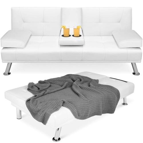 Faux Leather Upholstered Convertible Sofa Bed Futon w/ 2 Cupholders   - Lot 144