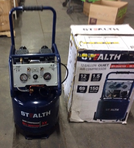 Stealth 12 Gallon Ultra Quiet Air Compressor, 1.5 HP Oil-Free Peak 150 PSI 68 Decibel Air Pump, 4 CFM @ 90 PSI - Regulator Knob is Broken Off  - Lot 67