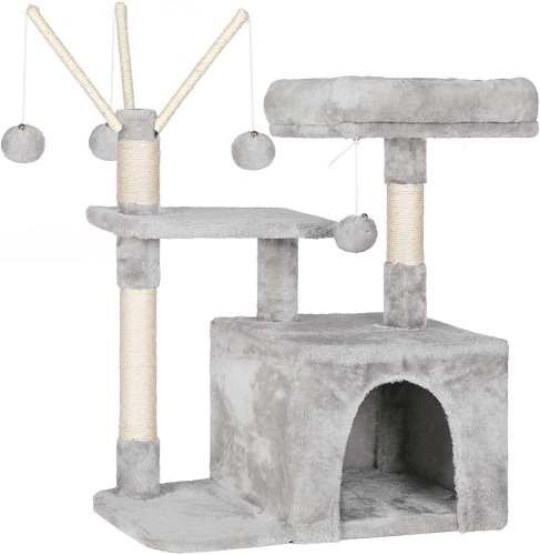 FEANDREA Cat Tree with Cat Cave, 3 Pompoms - Lot 909