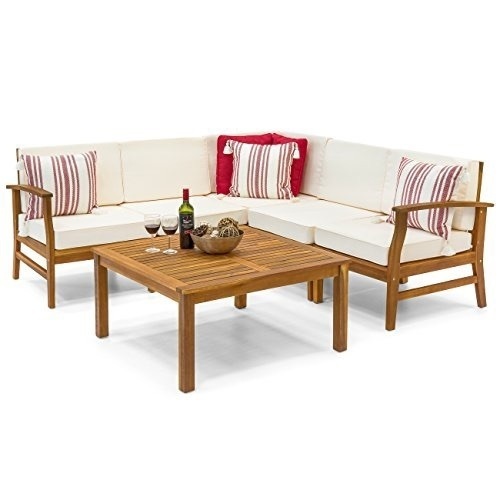 6-Piece Acacia Wood L-Shape Sectional Sofa Set with Water Resistant Cushions - Lot 35