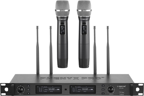 Phenyx Pro Wireless Microphone System, True Diversity Dual Cordless Microphone Set, Professional UHF Handheld Wireless Microphones w/ Auto Scan, 2x1000 Channels, 328ft for Stage & Studio (PTU-2U) - Lot 3803