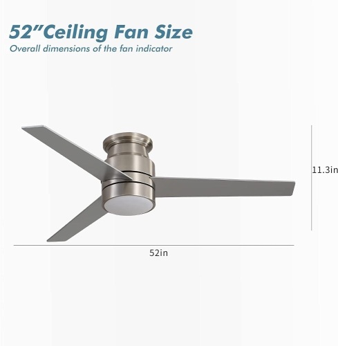 warmiplanet Flush Mount Ceiling Fan with Lights Remote Control, 52 Inch, Brushed Nickel, 3-Blades - Lot 3805