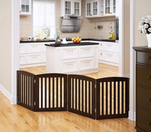 PAWLAND Wooden Freestanding Foldable Pet Gate for Dogs, 24 inch 4 Panels Step Over Fence, Dog Gate for The House, Doorway, Stairs, Extra Wide (Espresso, 24" Height-4 Panels) - Lot 3808