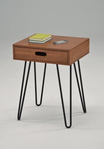 Dark Oak Finish Side End Table Nightstand Black Metal Legs with One Drawer 24" H -Mid- Century Style - Lot 3810