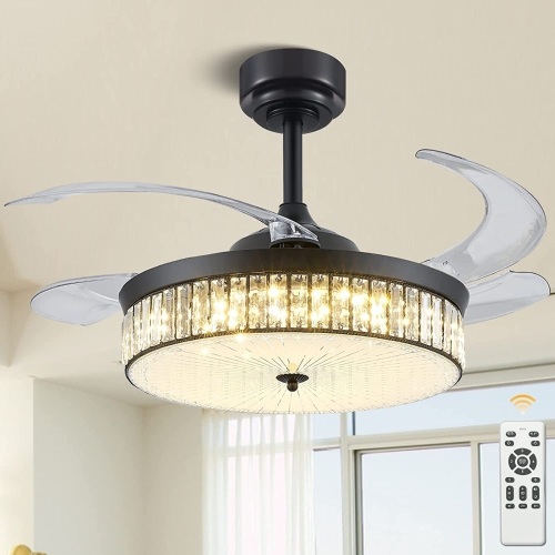 KAPOEFAN 42" Retractable Ceiling Fan Chandelier Ceiling Fan with Lights and Remote Fandelier Crystal Fan with Retractable Blades Memory Dimmable LED for Bedroom Living Dining Room - Lot 3816