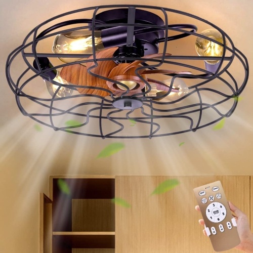 Didida Caged Ceiling Fan with Lights Remote Control, 21" Bladeless Ceiling Fan, Include 5 Bulbs, Low Profile Flush Mount Ceiling Fan, Small Farmhouse Ceiling Fans with Lights - Lot 3817