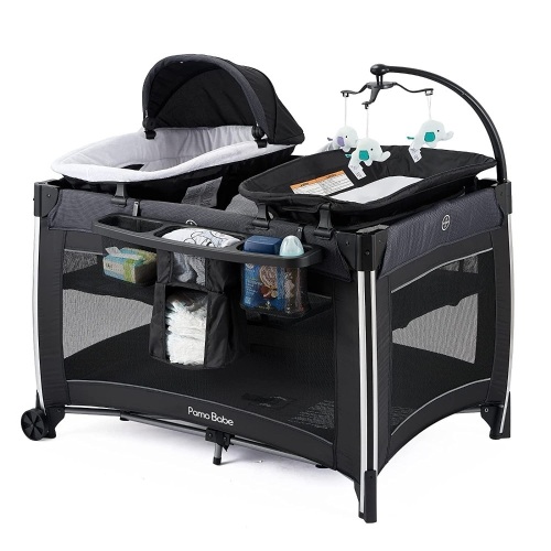 Pamo Babe 4 in 1 Portable Baby Crib Deluxe Nursery Center, Foldable Travel Playard with Bassinet, Mattress, Changing Table for Newborn, Infant, Toddler (Black) - Lot 3824