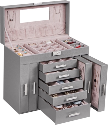 ANWBROAD Huge Jewelry Box Jewelry Organizer Case 6 Tier 40 Hooks Display Storage Holder with Lock Mirrored Jewelry Box Earrings Rings Necklaces Bracelets Gift Grey Faux Leather UJJB018H - Lot 3826