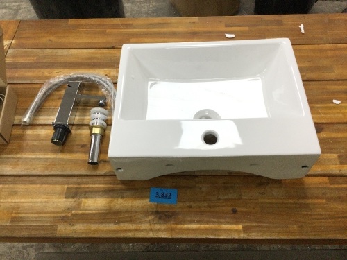 Ceramic Bathroom Sink w/ Pop-up Drain Plug and Steel Faucet - Lot 3832